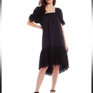 Gibson & Latimer Eyelet Panel Square Neck High-Low Short Teardrop Sleeve Dress L